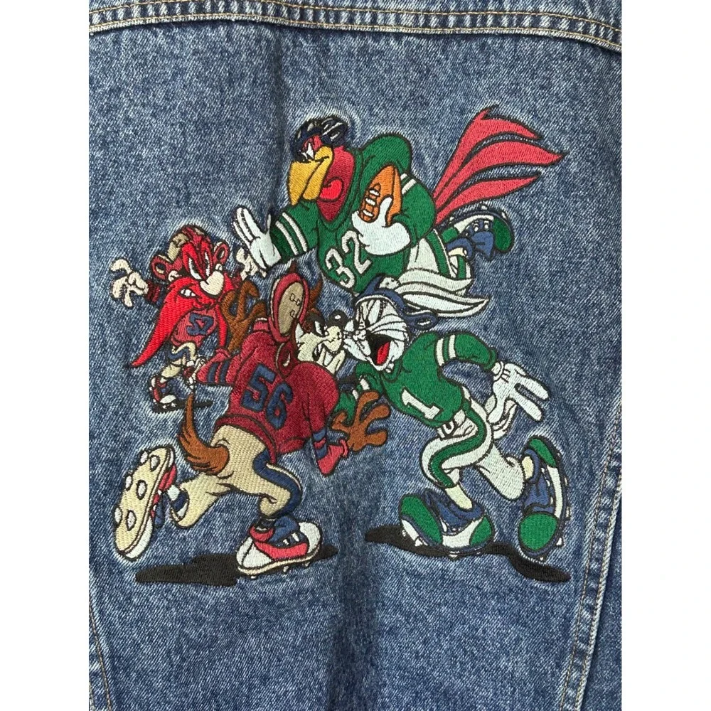 Vintage Denim Jacket Looney‎ Tunes Character Patch Green Sleeve Lined Mens M 90s
